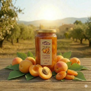 Pot de confiture d'abricot artisanale à la robe orangée avec morceaux visibles.