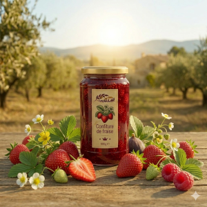 Pot de confiture de fraise rouge vif avec morceaux de fruits visibles.