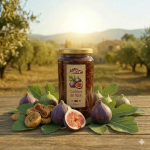 Pot de confiture de figues violettes avec morceaux et grains visibles, fond champêtre.